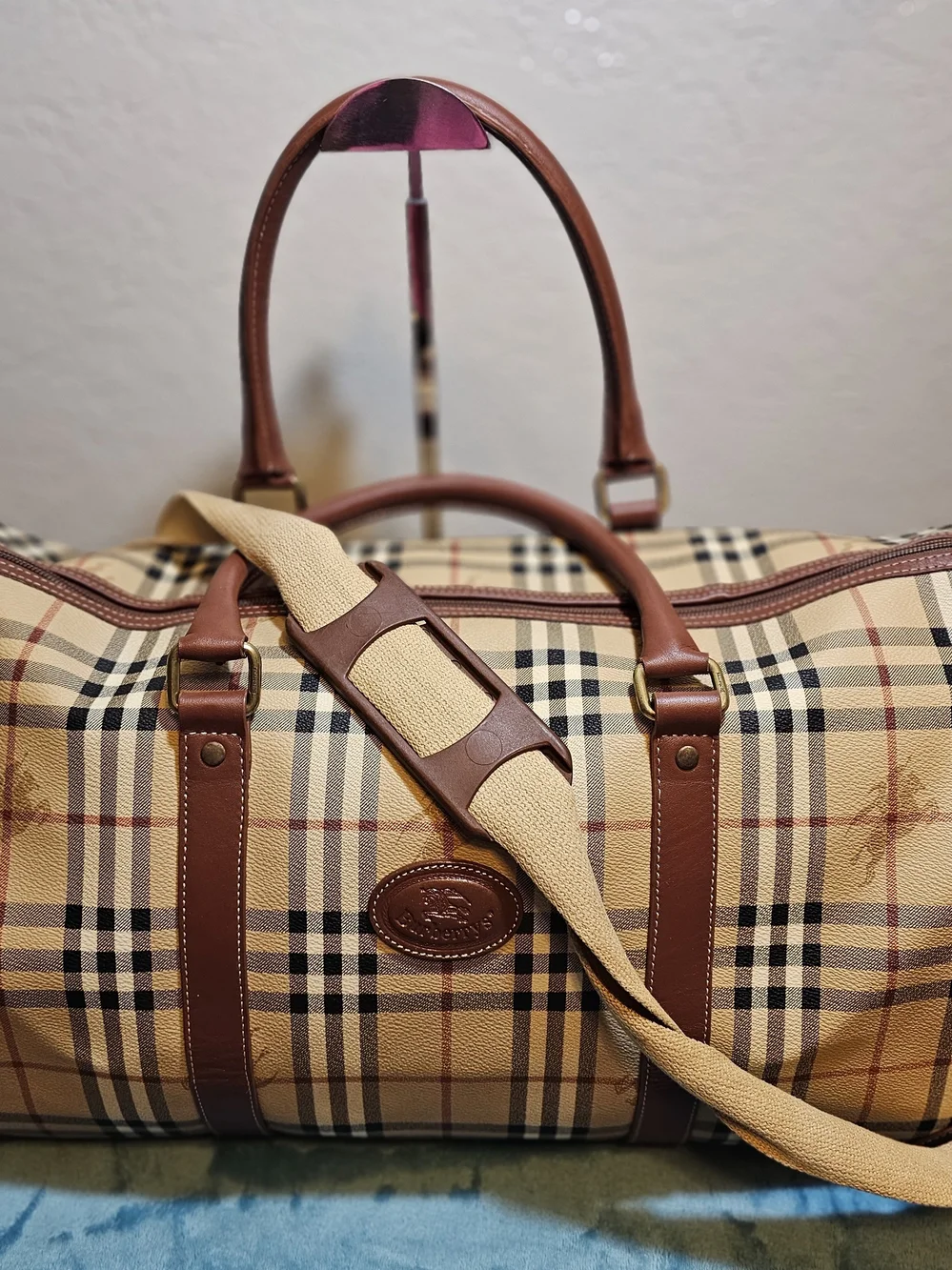 #548-Burberry Tan Beige Check Canvas Duffel with Brown Leather Trim size 45